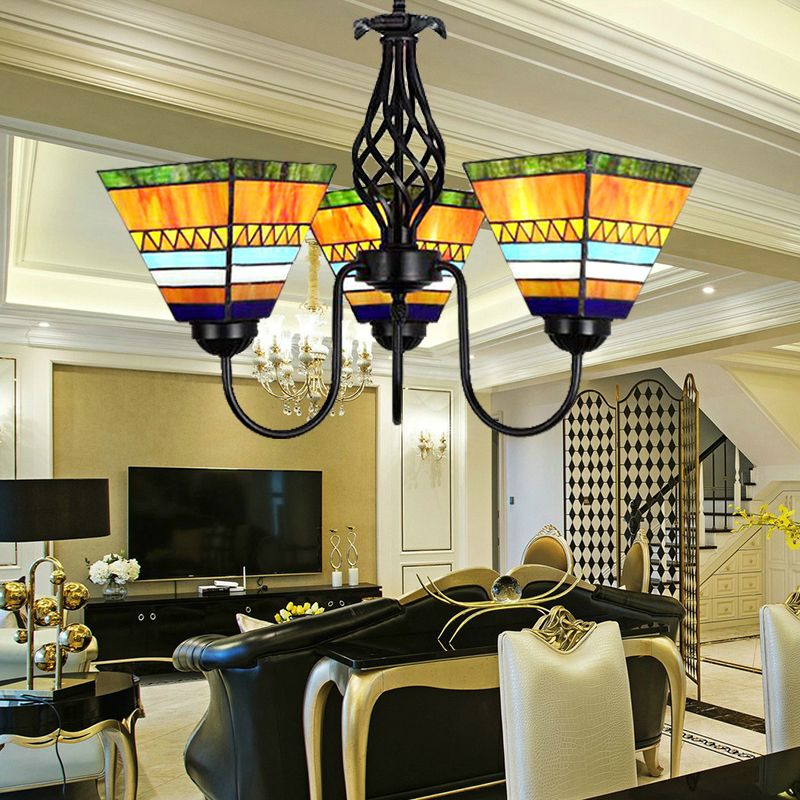 3 Lights Pyramid Hanging Light with Gooseneck Mission Stained Glass Ceiling Chandelier in Orange