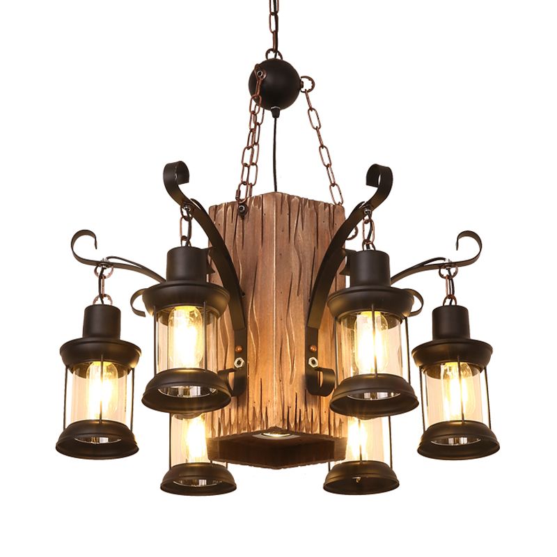 Lantern Clear Glass Chandelier Lighting Farmhouse 6 Lights Dining Room Hanging Lamp in Black with Rectangle Wood Deco