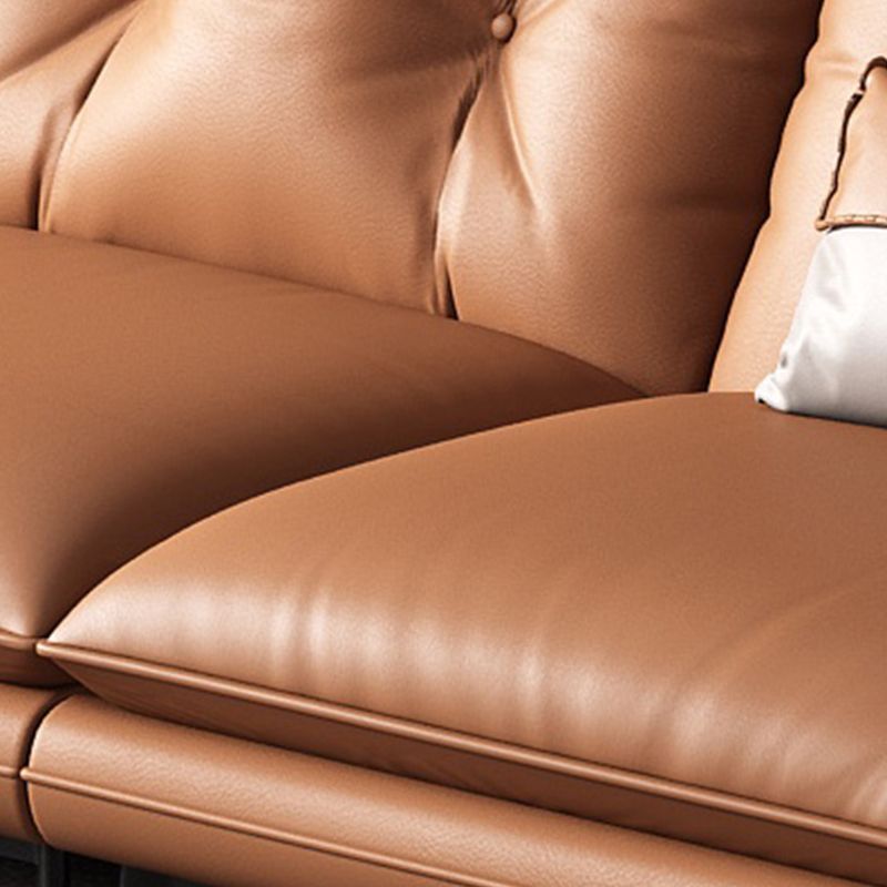 Contemporary Genuine Leather Pillow Top Arm Sofa in Orange for Living Room