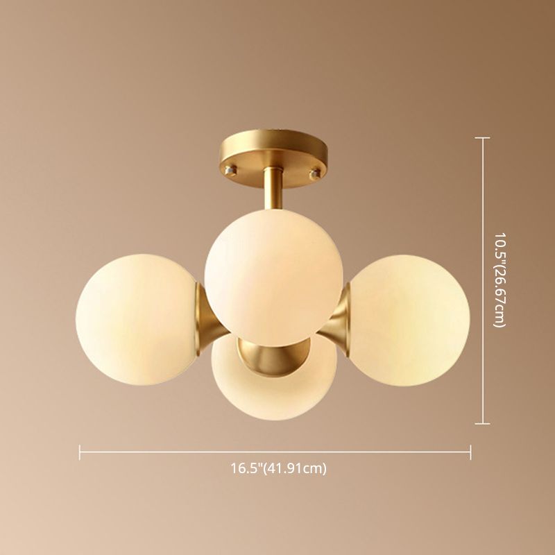 4-Lights White Globe Glass Ceiling Light 16.5" Wide Nordic Style Minimalism Brass Semi Flush Mount Lamp