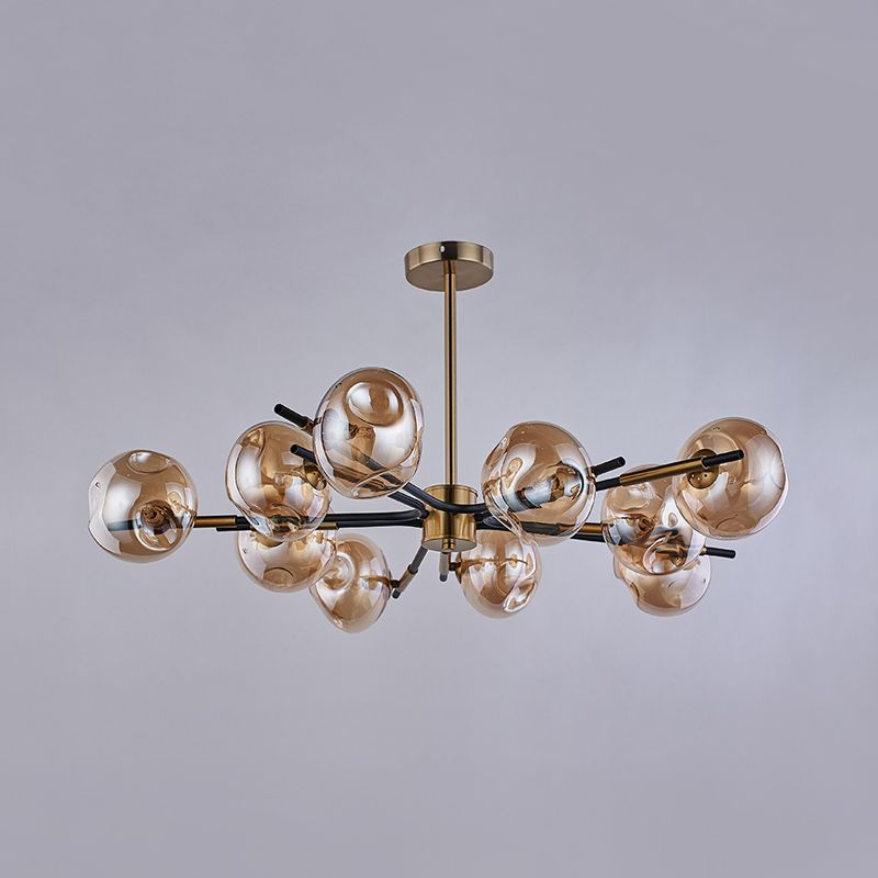 Radial Flush Chandelier Vintage Amber/Smoke Grey Dimpled Glass 10 Lights Living Room Semi Flush Mount Ceiling Light