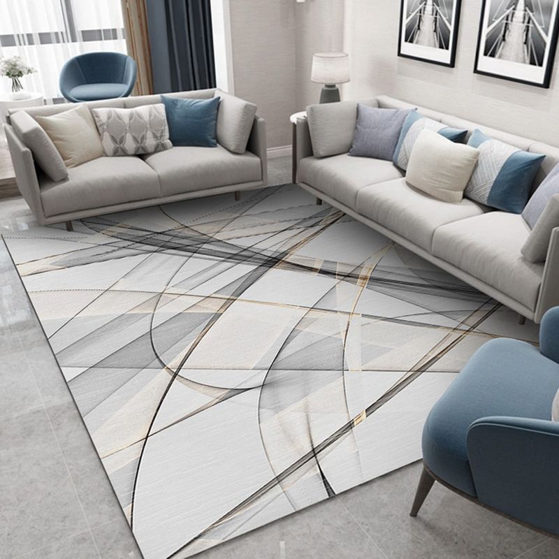 Grey Geometric Pattern Area Rug Modern Polyester Area Carpet Non-Slip Backing Rug for Living Room