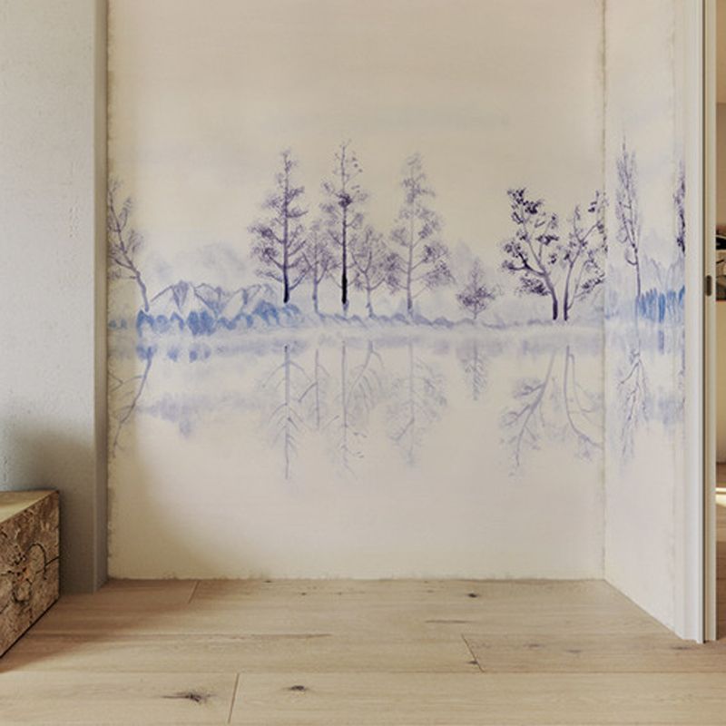 Purple-Yellow Modernist Mural Wallpaper Full Size Trees in River Bank Pattern Wall Art for Bedroom