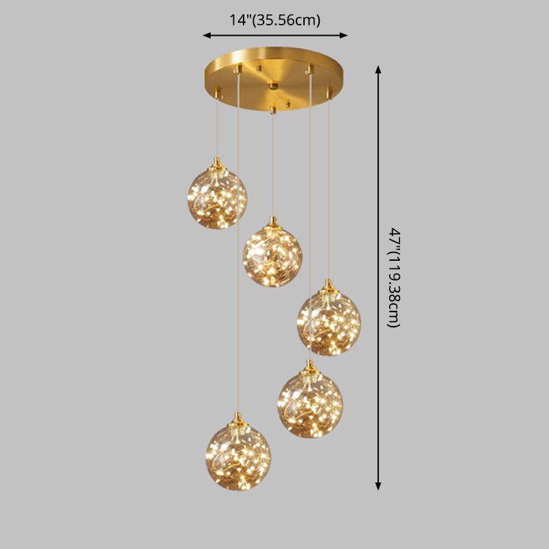 Lámpara de suspensión global de acabado de latón Nordic Amber Glass Led Starry Pends Lighting for Bedroom