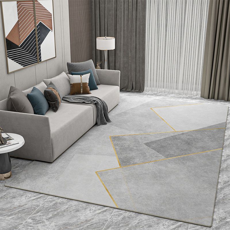 Grey Living Room Area Rug Geometric Print Polyester Area Carpet Non-Slip Backing Rug for Home Decor