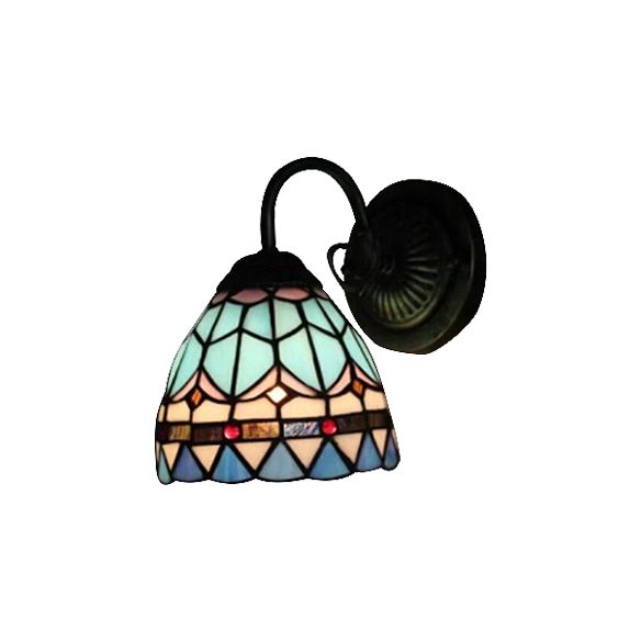Stained Glass Domed Wall Light 1 Light Mediterranean Style Wall Lamp in Blue for Stair