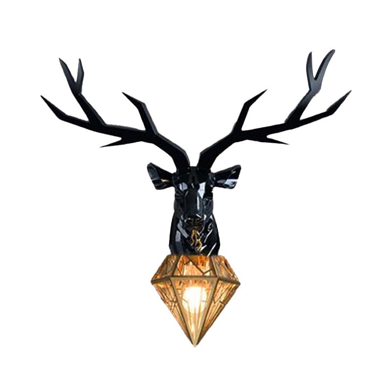 Resin Deer Wall Light Traditional 14.5"/19.5" Wide 1 Light White/Black Sconce Light with Diamond Metal Shade