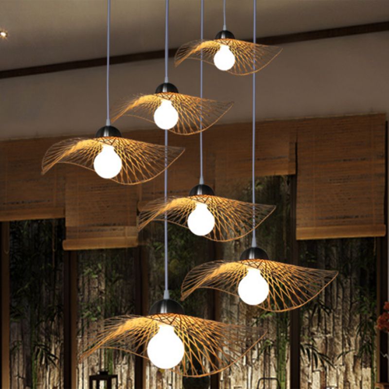 Chinese Twist Pendant Lighting Fixtures Rattan Hanging Light with Adjustable Cord for Restaurant
