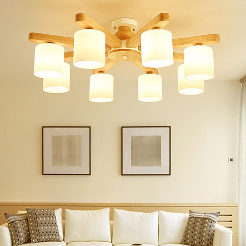 White Cylinder Semi Flush Light Fixture Simple Style Wood Semi Flush Mount Chandelier