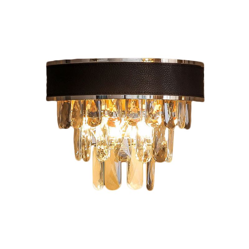 Crystal Block Layered Sconce Light Fixture Minimalist 3 Bulbs Black and Gold Wall Mount Lamp