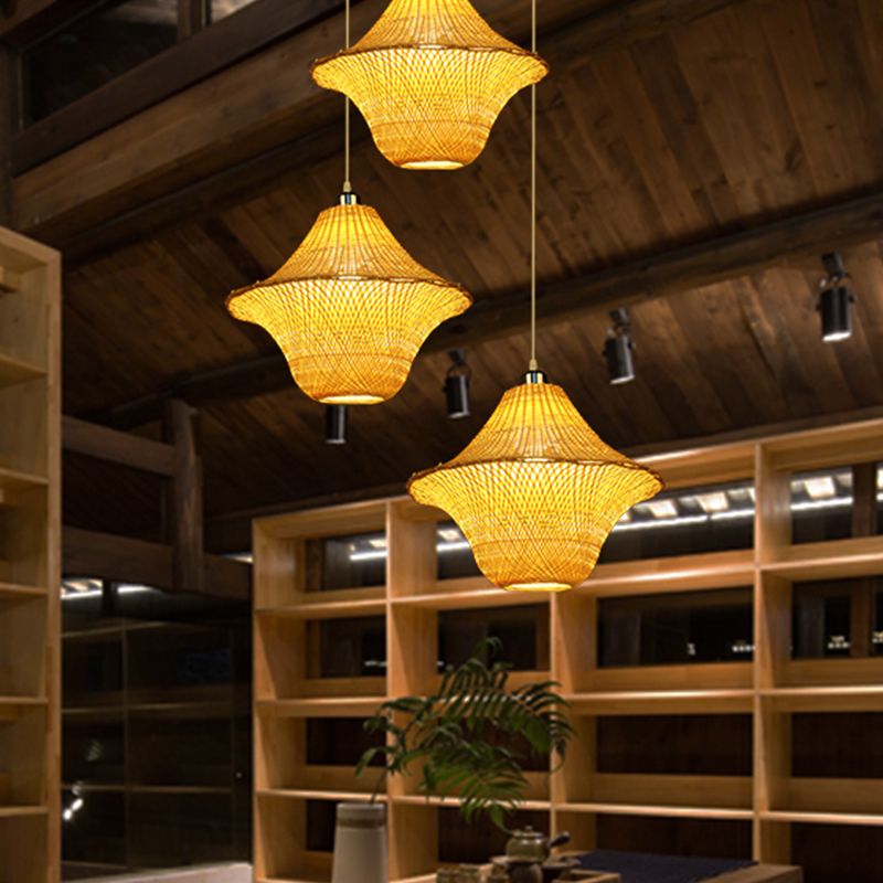 Hand-Woven Pendant Lighting Chinese Bamboo 1 Bulb Ceiling Suspension Lamp in Beige