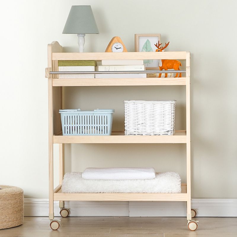Solid Wood Baby Changing Table Flat Top with 2 Storage Shelves and Wheel