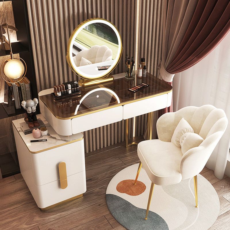 Glass Top Make-up Vanity Wood Dressing Table with  Storage Drawers