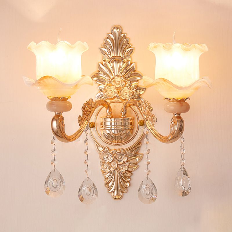 Gold Floral Ruffle Wall Mount Light Traditional Glass Corridor Wall Light Fixture with Crystal Accent
