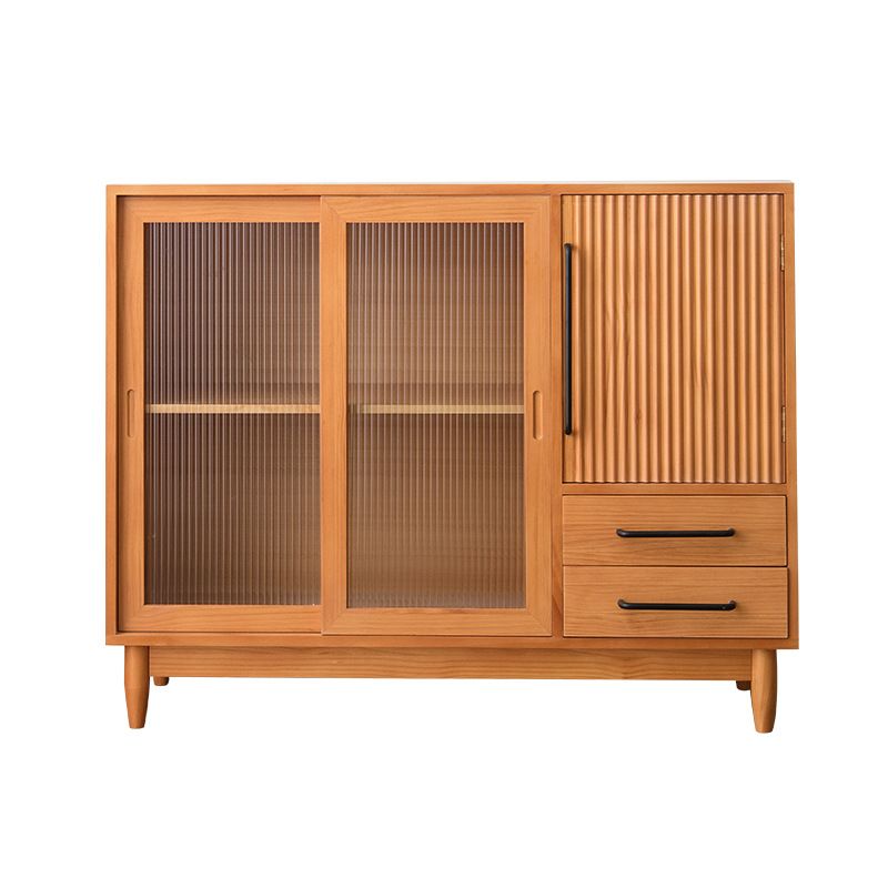 Mid-Century Modern Cabinet with Glass Doors Pine Wood Cabinet