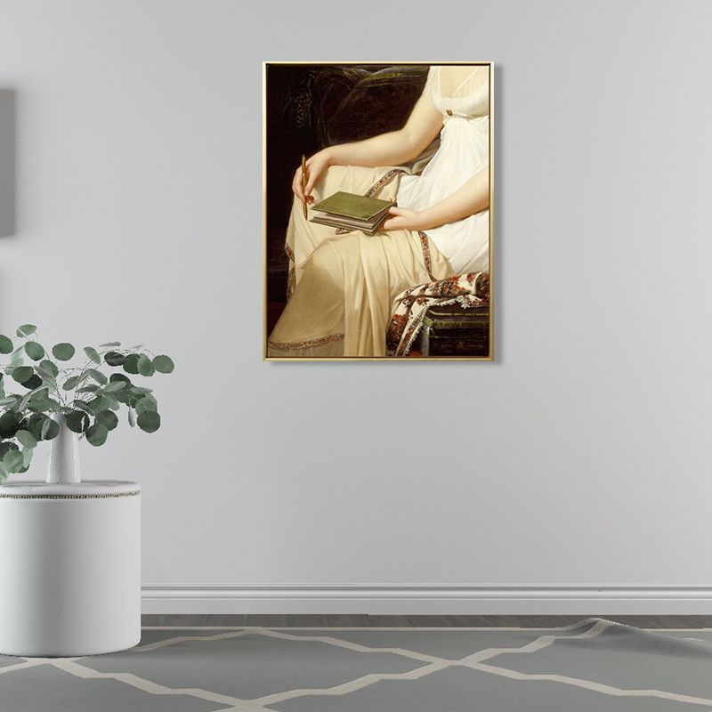 Woman with A Notebook Painting Vintage Textured Bedroom Wall Art in Yellow