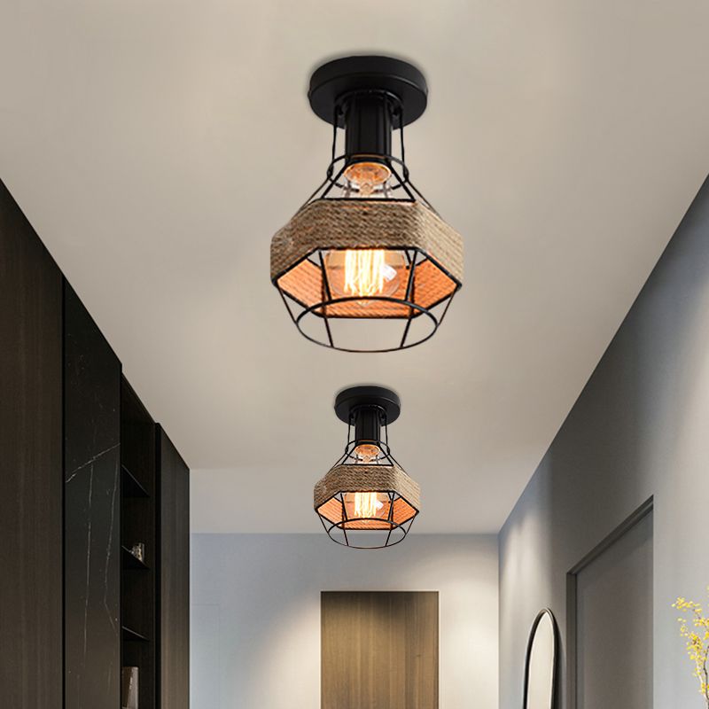 Black 1 Bulb Semi Flush Mount Light Lodge Style Metal and Rope Globe/Diamond Cage Ceiling Fixture for Hallway