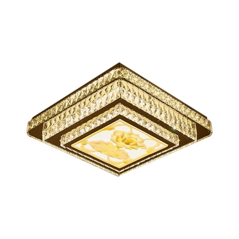 Stainless-Steel Square Flush Mount Fixture Modern Clear Rectangular-Cut Crystals Bedroom LED Ceiling Light