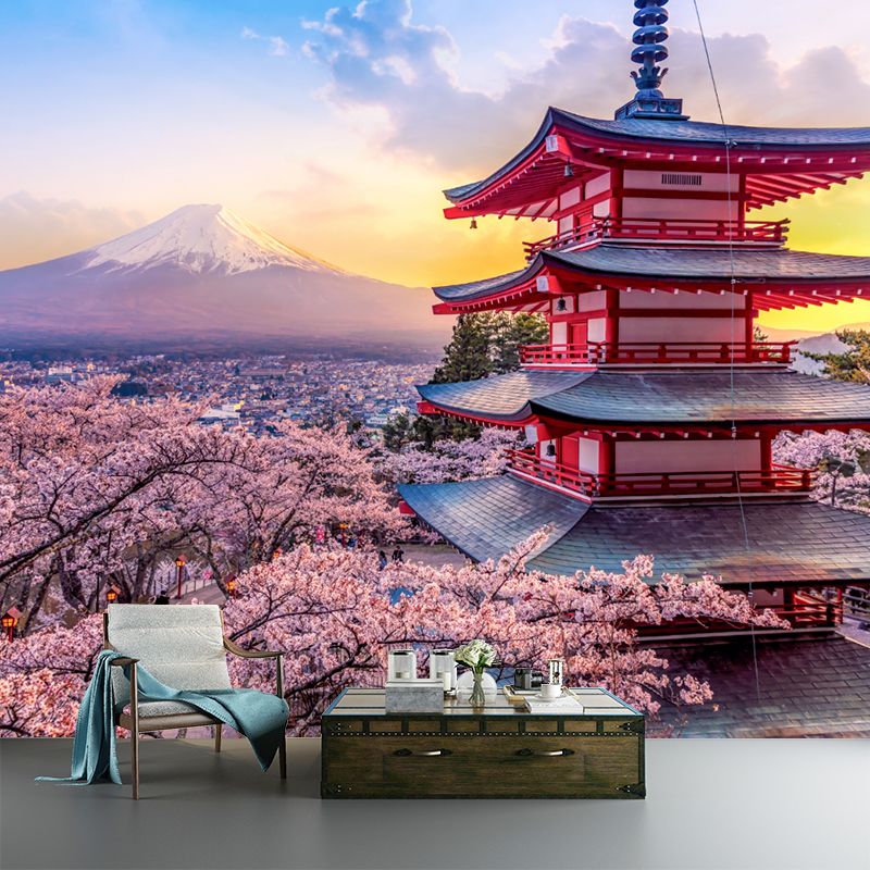 Pagoda and Cherry Blossom Mural Wallpaper Pink Japanese Style Wall Decor for Home