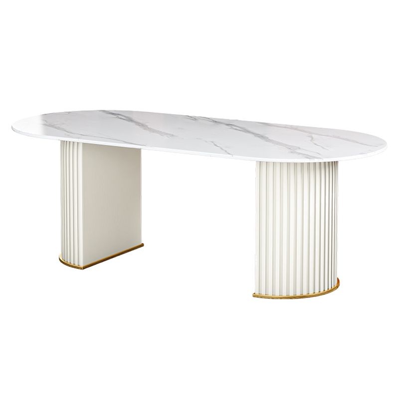 Glam Sintered Stone Top Kitchen Dining Table Oval Standard Dining Table with Double Pedestal Bases