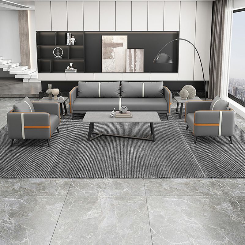 Contemporary Gray Sofa Faux Leather Square Arm Sofa with Pillows