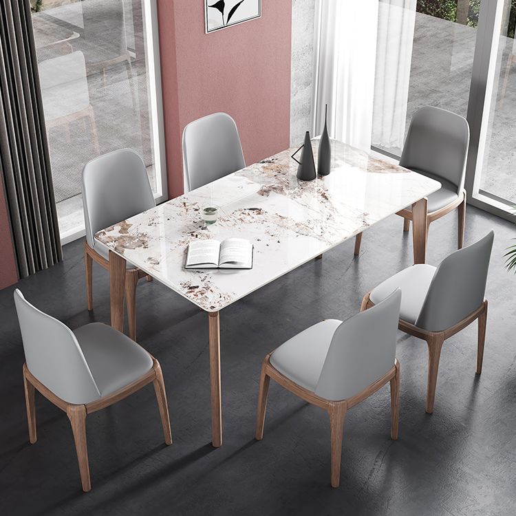 Rectangle Mid-Century Modern Dining Table Sintered Stone Table with 4 Solid Wood Legs