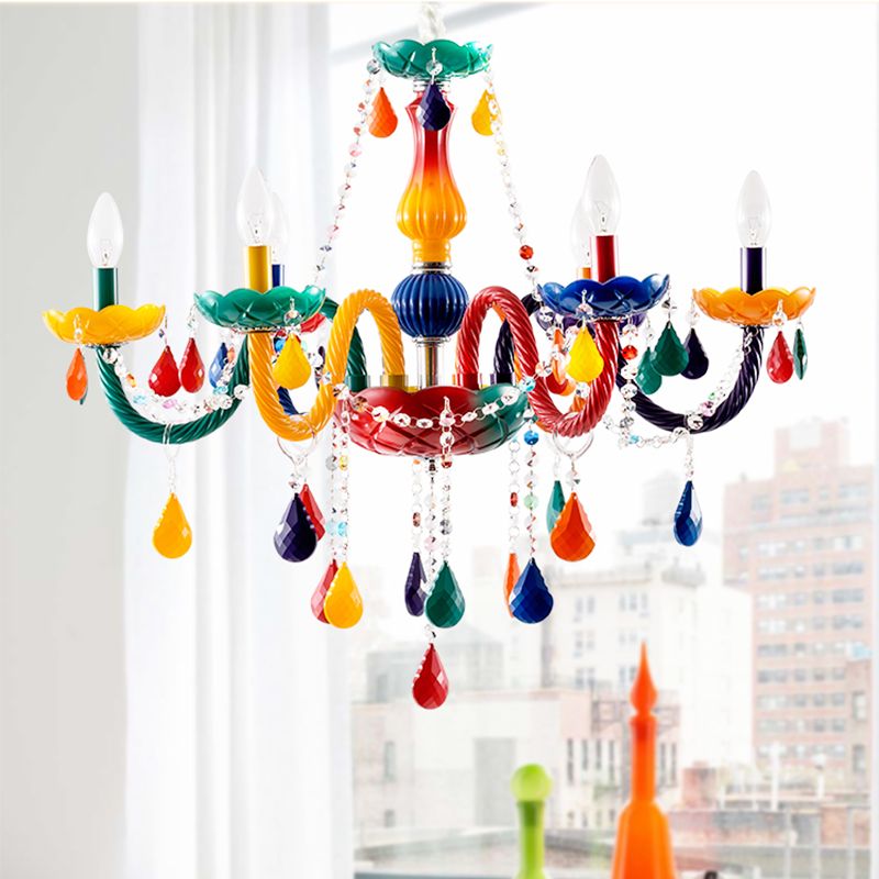 Clear Crystal Candle Pendant Chandelier Kids 6 Bulbs Red and Yellow Hanging Lamp with Adjustable Chain