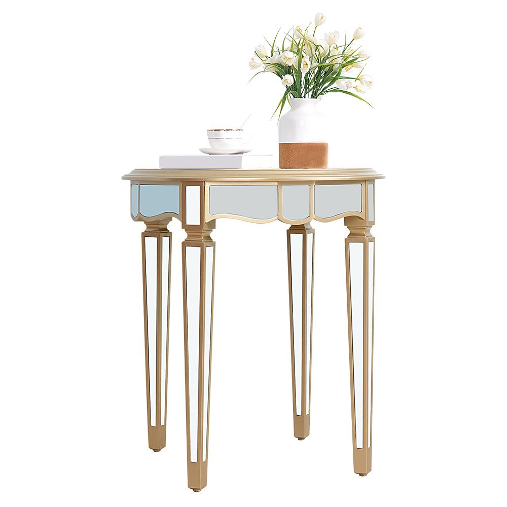 Round Glass Top Side End Table Modernistic Solid Wood 4 Legs End Table