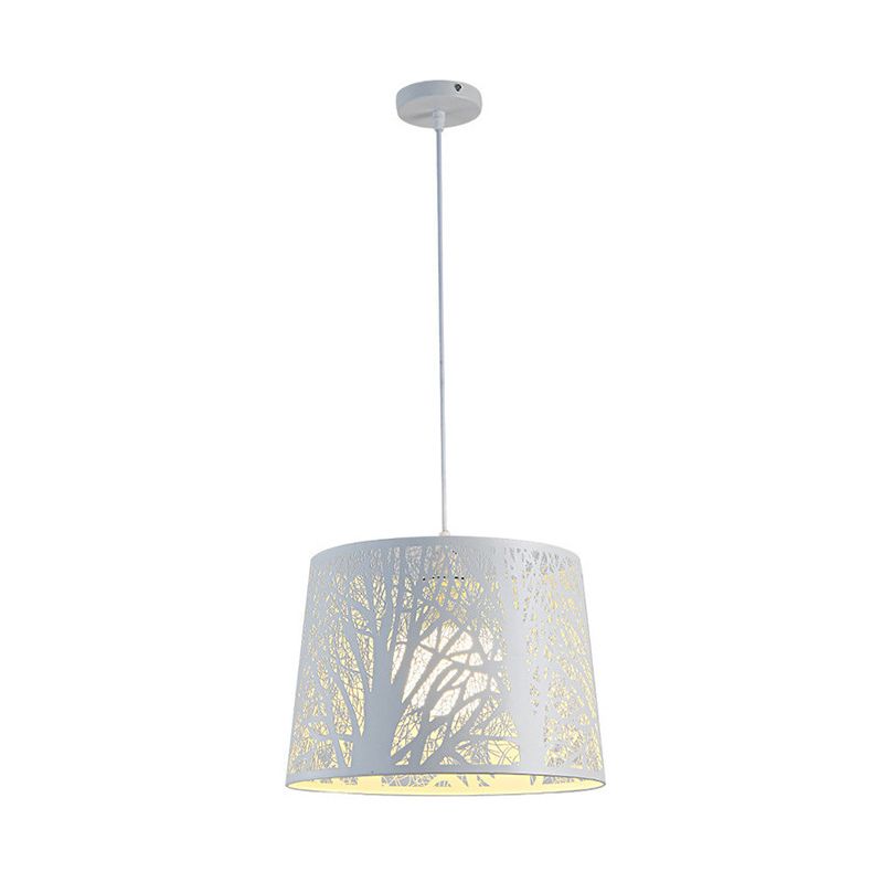 Simple Drum Suspension Pendant Metal 1 Light Dining Room Hanging Lamp Kit in White