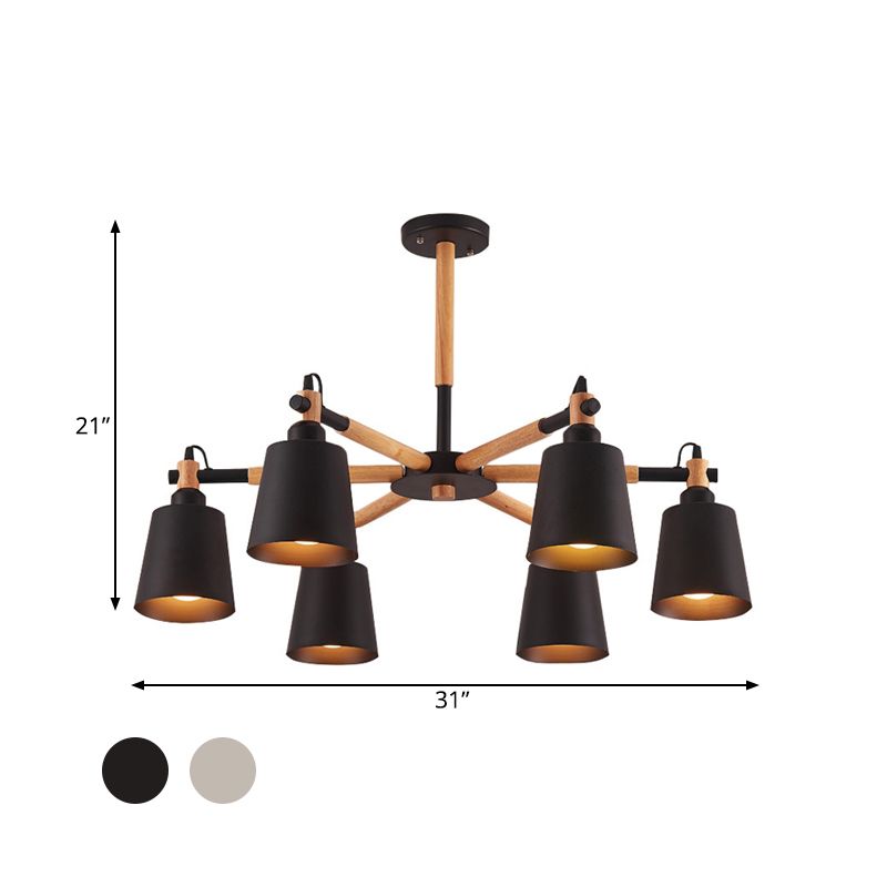 Cone Salon Chandelier Light Nordic Metal 6 Bulbes Lampe suspension noire / blanche avec bras en bois