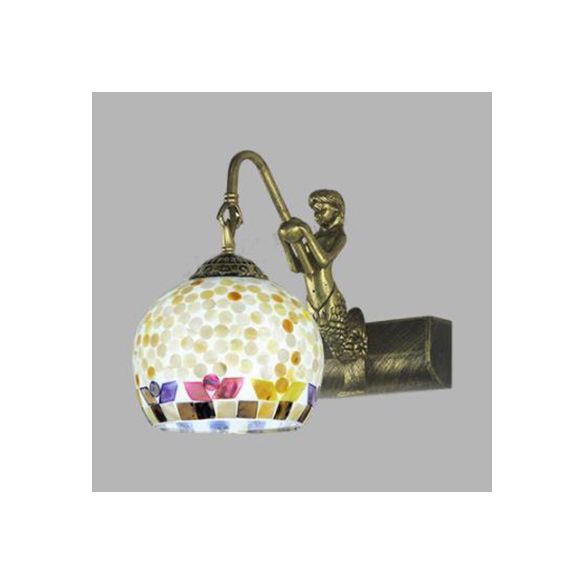 Globe Wall Mount Light Tiffany Beige/Beige-Red Shell 1 Head Bathroom Sconce Light Fixture with Mermaid Decoration