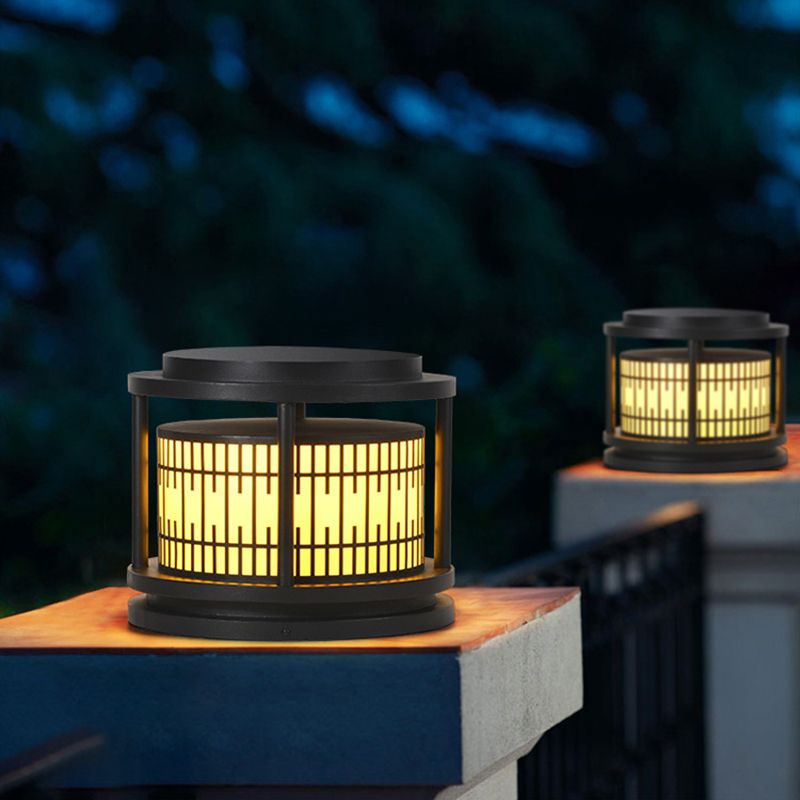 Modern Metal Solar Pillar Lamp Round Shape Outdoor Waterproof Light in Black