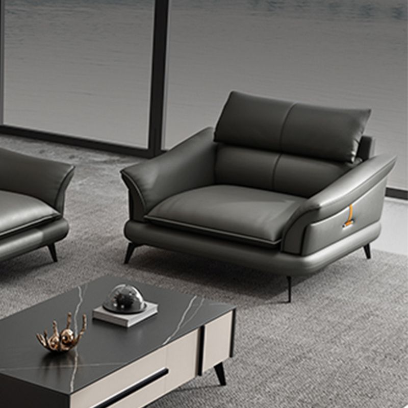 Glam Settee Genuine Leather Black Living Room Flared Arm Cushions Standard Sofa