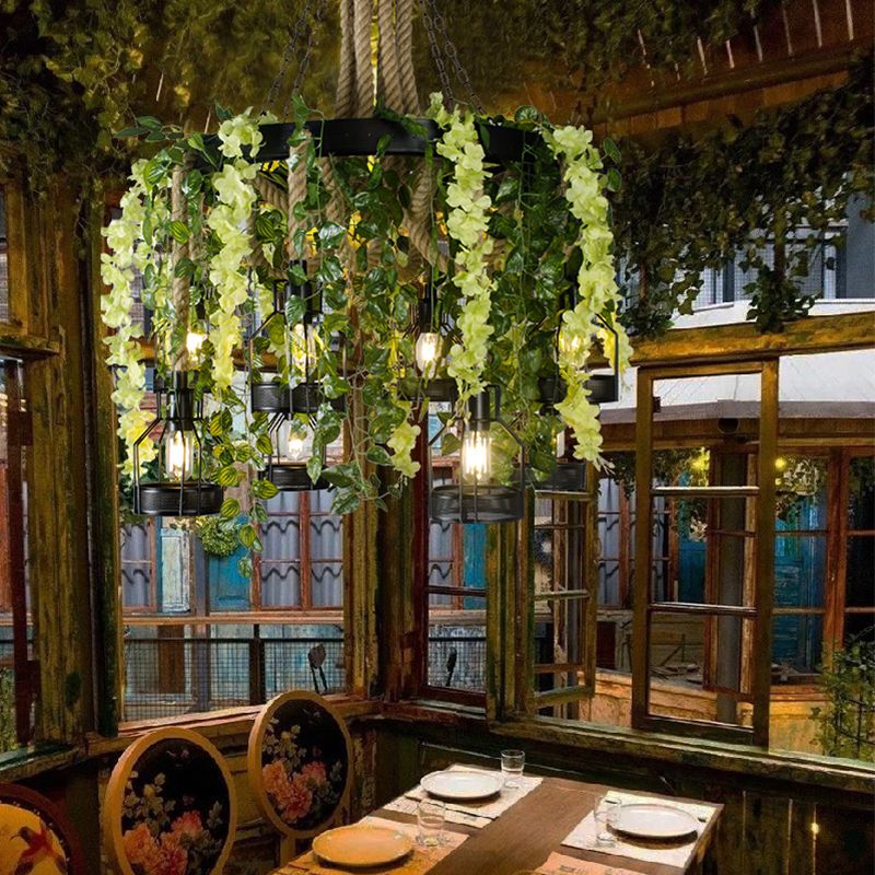 Púrpura/Green Flower Chandelier Vintage Cáñes de cáñamo 8 cabezas Restaurante de iluminación con jaula de metal