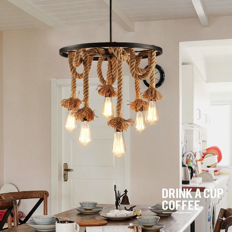 Multi-Lights Hemp Rope Design Retro Chandelier Light Black Wrought Iron Wheels Industrial Style Lighting Fixture in Restaurant Bar