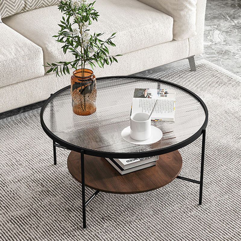 17.7" Tall Modern Cross Leg Glass Round Coffee Table with Shelf