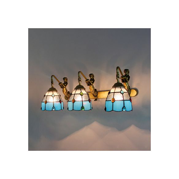 Jeweled Wall Light Fixture 3 Heads Yellow-White/Clear/Yellow-Blue Glass Tiffany Sconce Lighting with Mermaid Backplate