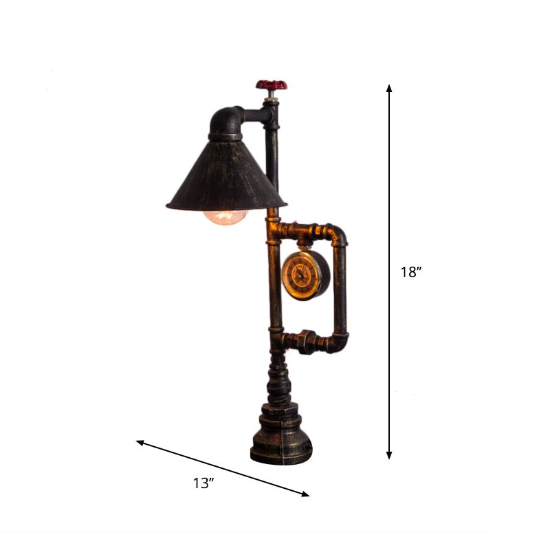 1 Bulb Conical Table Lighting with Clock Deco Steampunk Brass Finish Wrought Iron Standing Table Light