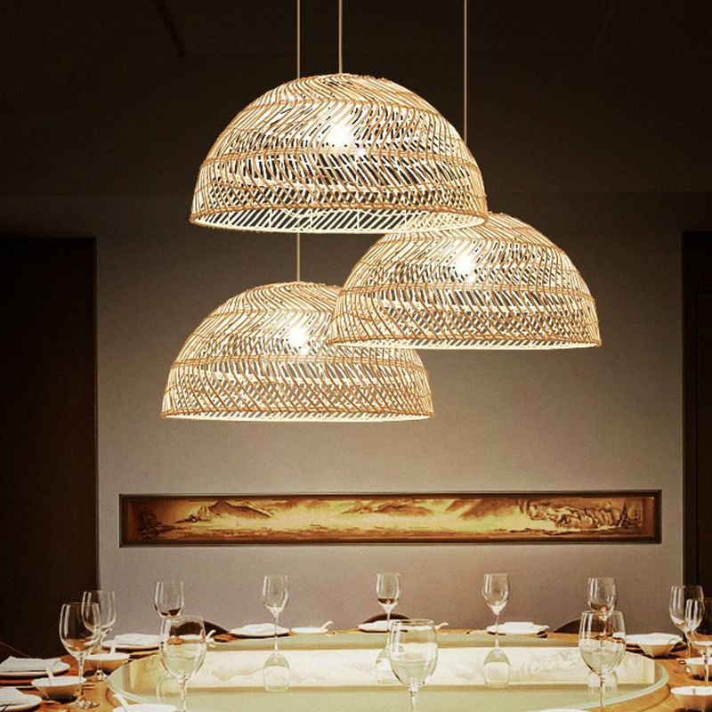 Half-Sphere Pendant Lighting Modern Bamboo Fiber 1-Light Dining Room Suspension Light