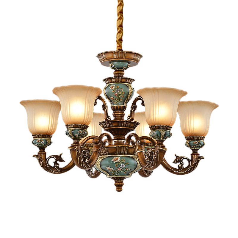 6/8-Bulb Suspension Pendant Light Antique Style Blossom Shaped Opal Glass Chandelier Light Fixture in Brown