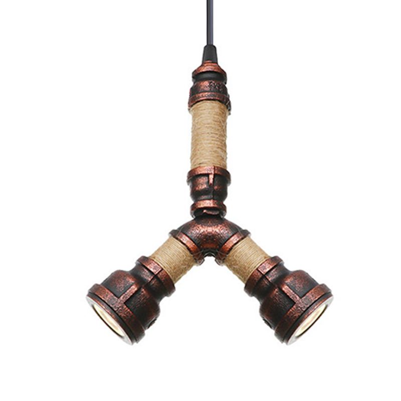 2/3 Heads Pendant Chandelier Vintage Water Pipe Metallic Hanging Ceiling Light in Rust, 8"/9"/10" Width