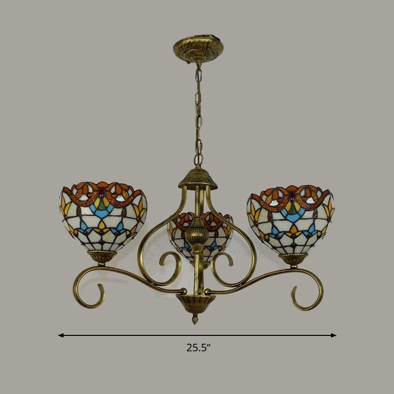 Domed Shaped Hanging Chandelier 3/6/8 Lights Stained Glass Tiffany Pendant Lighting Fixture in Antique Brass