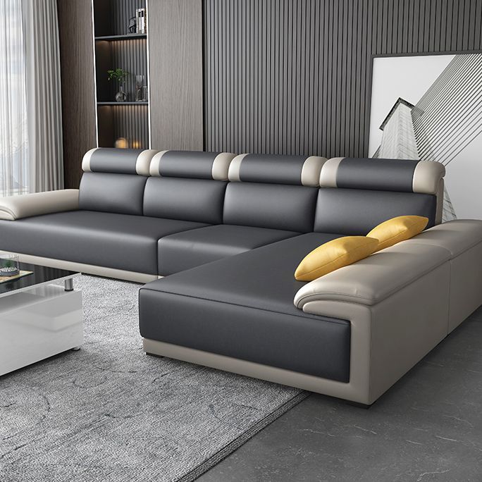 Contemporary Grey Sectional Sofa with Pillow Top Arm in Faux Leather