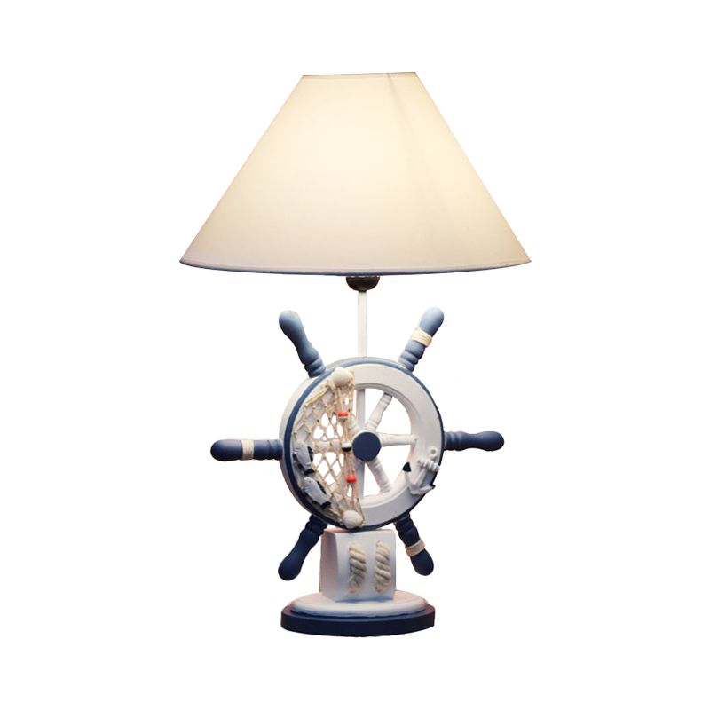 LifeBuoy / Rudder Wooden Table Light Kids Light Blue Blue Nightstand Lampe avec une teinte en tissu conique
