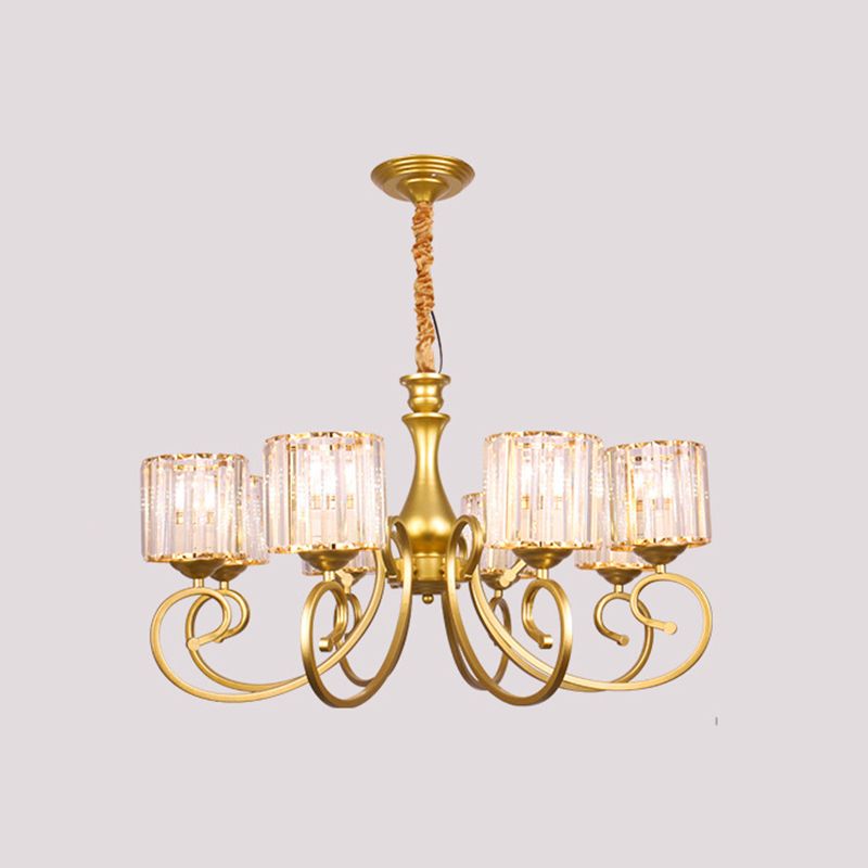Vintage cilindrische kroonluchter verlichting 8-head Clear Crystal Block Suspension Light in goud