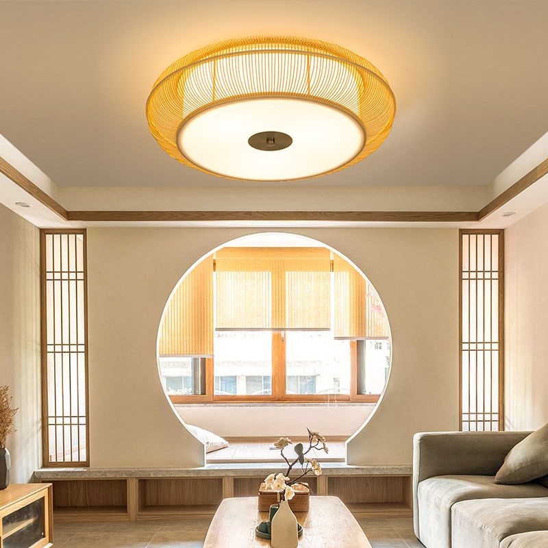 Japanese Curved Drum Flush Mount Ceiling Light Fixture Bamboo Ceiling Flush Mount Lights for Bedroom