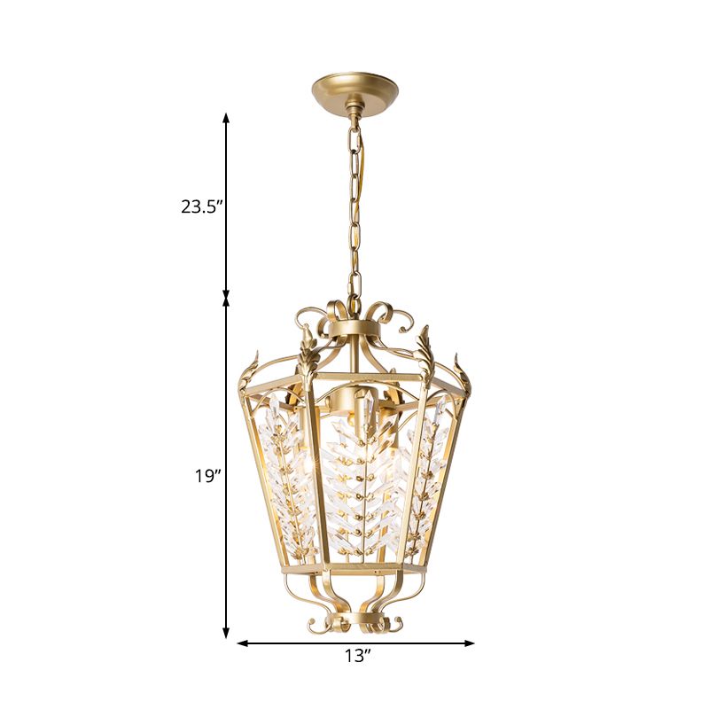 Gold Lantern Chandelier Light Traditional Metal 3 Lights Dining Room Hanging Ceiling Light with Crystal Accent