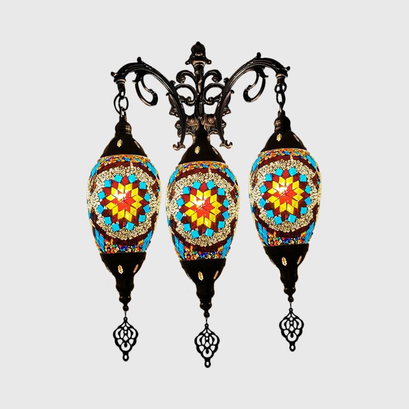 Traditional Oval Wall Mounted Lamp 3 Heads Stained Art Glass Sconce Light in White/Red/Light Blue