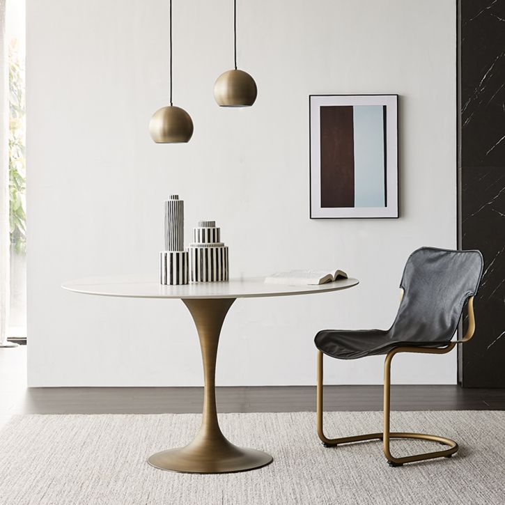 Contemporary Round Dining Table Sintered Stone Table with Brass Tulip Base