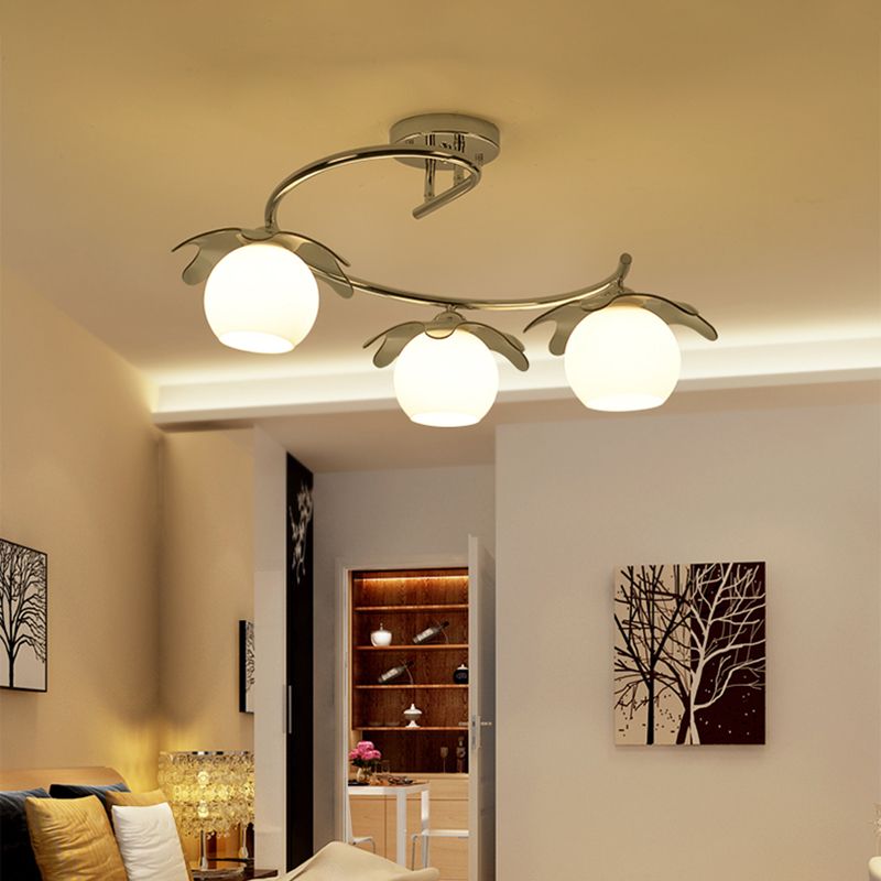 Chrome Ball Semi Flush Light Fixture Modernist 3 Lights Frosted White Glass Flush Lamp with Spiral Arm